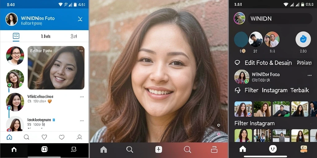 Antarmuka aplikasi WINIDN dengan berbagai filter Instagram yang menawan.